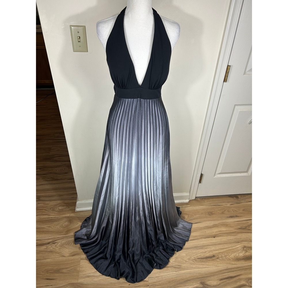 VTG Y2K Cache Halter Gown Sz 6 Black Silver Ombre Accordion Pleated Formal Dress